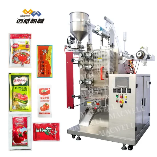 Máquina automática de embalagem de embalagens de alimentos com selagem vertical Macwell com molho / pasta de tomate / óleo / tempero de macarrão / ketchup / café / manteiga de amendoim